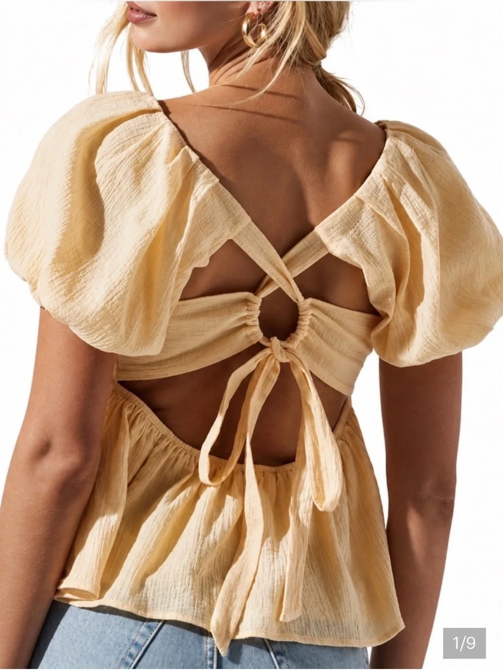 Astr puff-sleeve square-neck peplum top in pale yellow